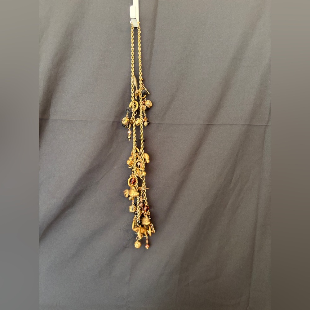 Vintage Roxanne Gold and Black Charm Long Necklace Runway Necklace Bears Fish - Picture 5 of 6
